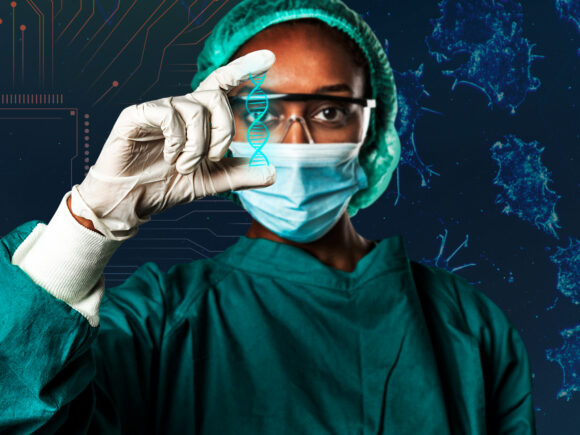 A doctor holding a glowing DNA strand in her hands. The background has images of cancer cells and circuitry. Image meant to convey the collaboration between HPC and medicine