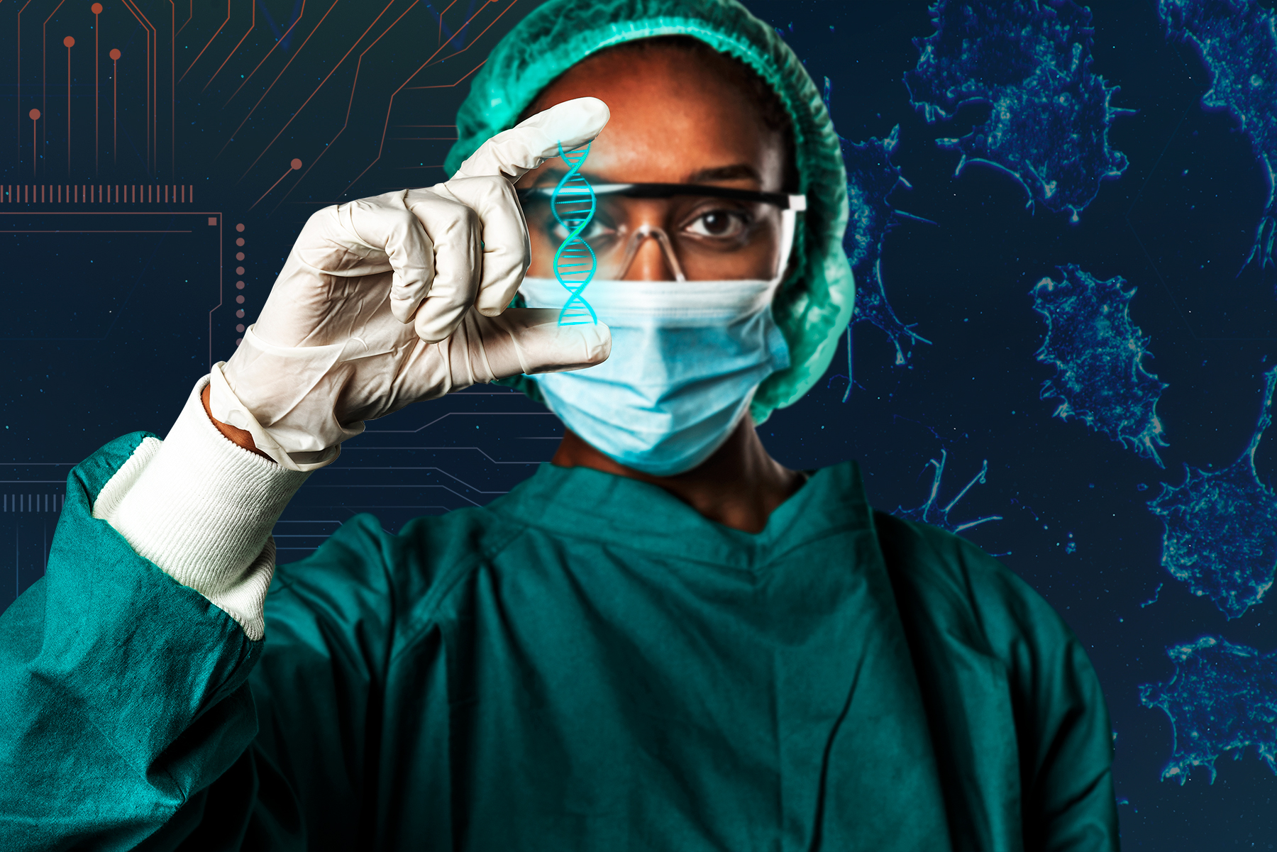 A doctor holding a glowing DNA strand in her hands. The background has images of cancer cells and circuitry. Image meant to convey the collaboration between HPC and medicine