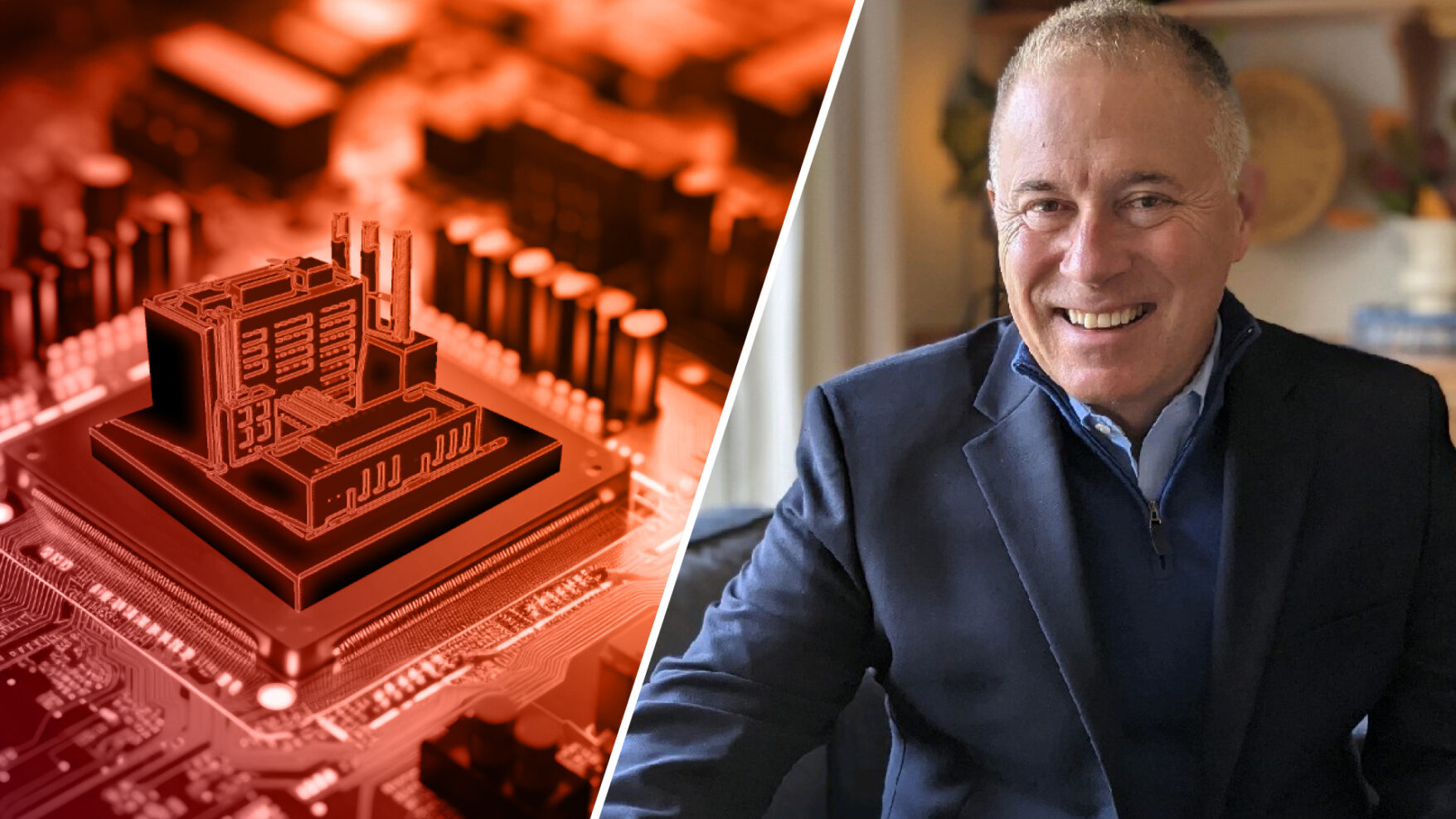 An image of a tiny factory on a motherboard alongside an image of Brendan McGinty, NCSA's head of Industry.