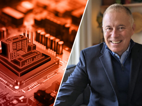 An image of a tiny factory on a motherboard alongside an image of Brendan McGinty, NCSA's head of Industry.