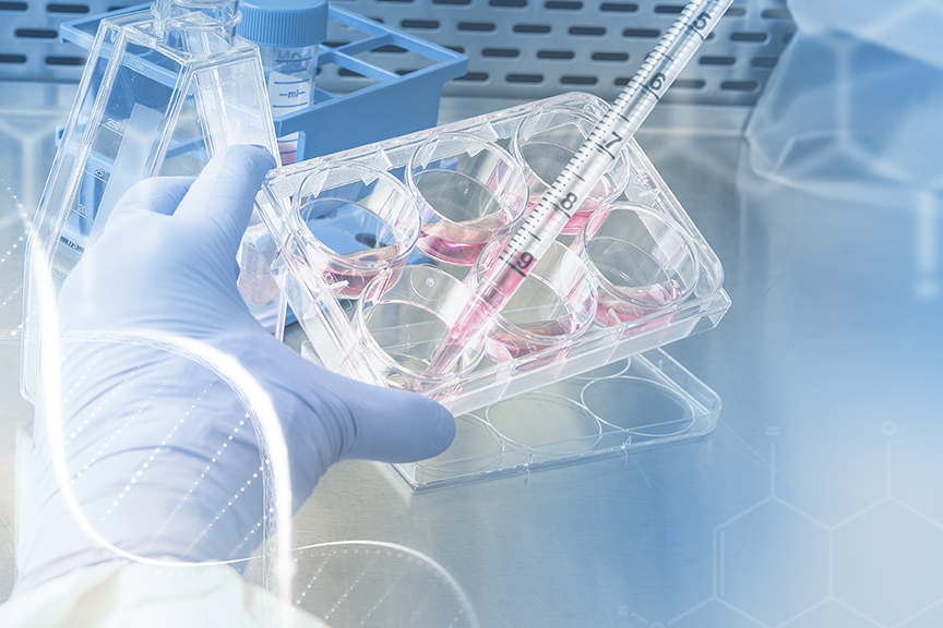 An image of a researcher testing biological samples - with DNA imagery overlaid. The image is meant to convey hi-tech healthcare.