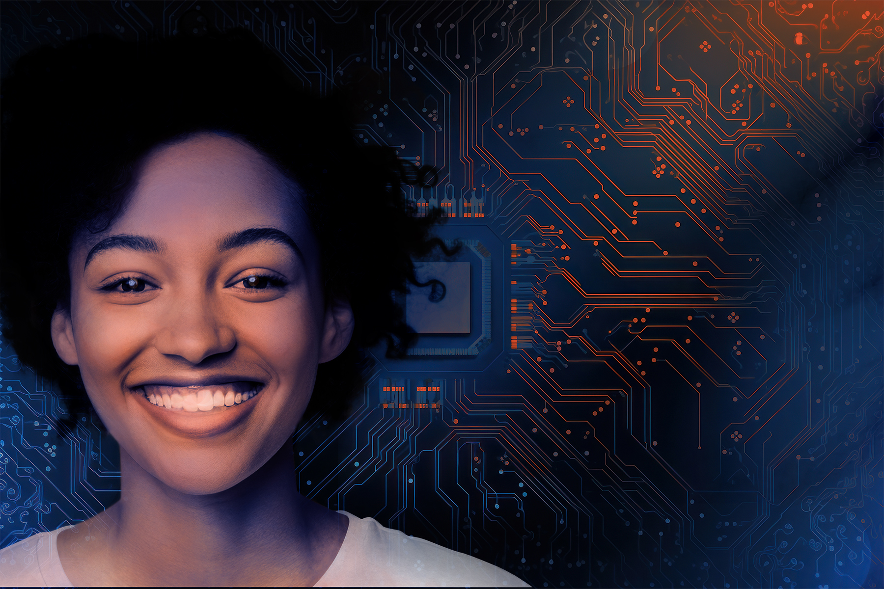 A smiling woman under blue and orange hues. The background is circuitry, also in Blue and orange hues.