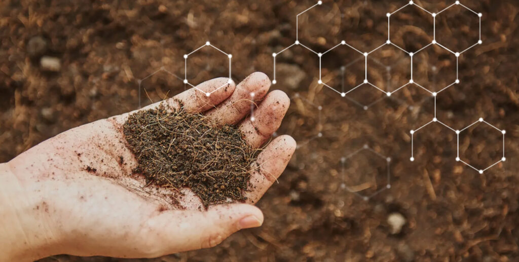 A hand holding some soil in the palm, with simple molecular diagrams overlaid. This is to convey the idea of smart farming.