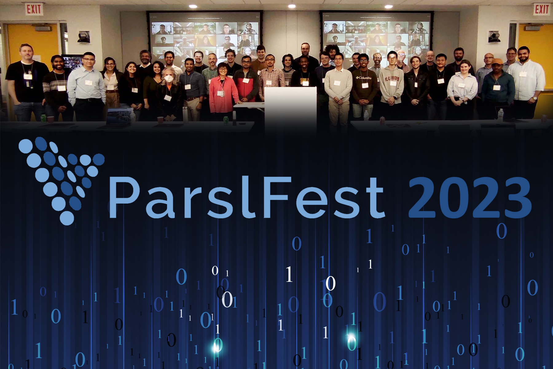 A group image of the ParslFest 2023 in person attendees at the top of the image with the ParslFest 2023 logo across the middle. At the bottom of the image, 1s and 0s rise in blue colors.