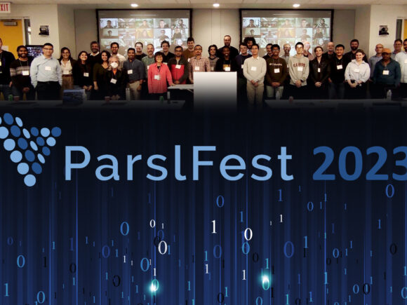 A group image of the ParslFest 2023 in person attendees at the top of the image with the ParslFest 2023 logo across the middle. At the bottom of the image, 1s and 0s rise in blue colors.