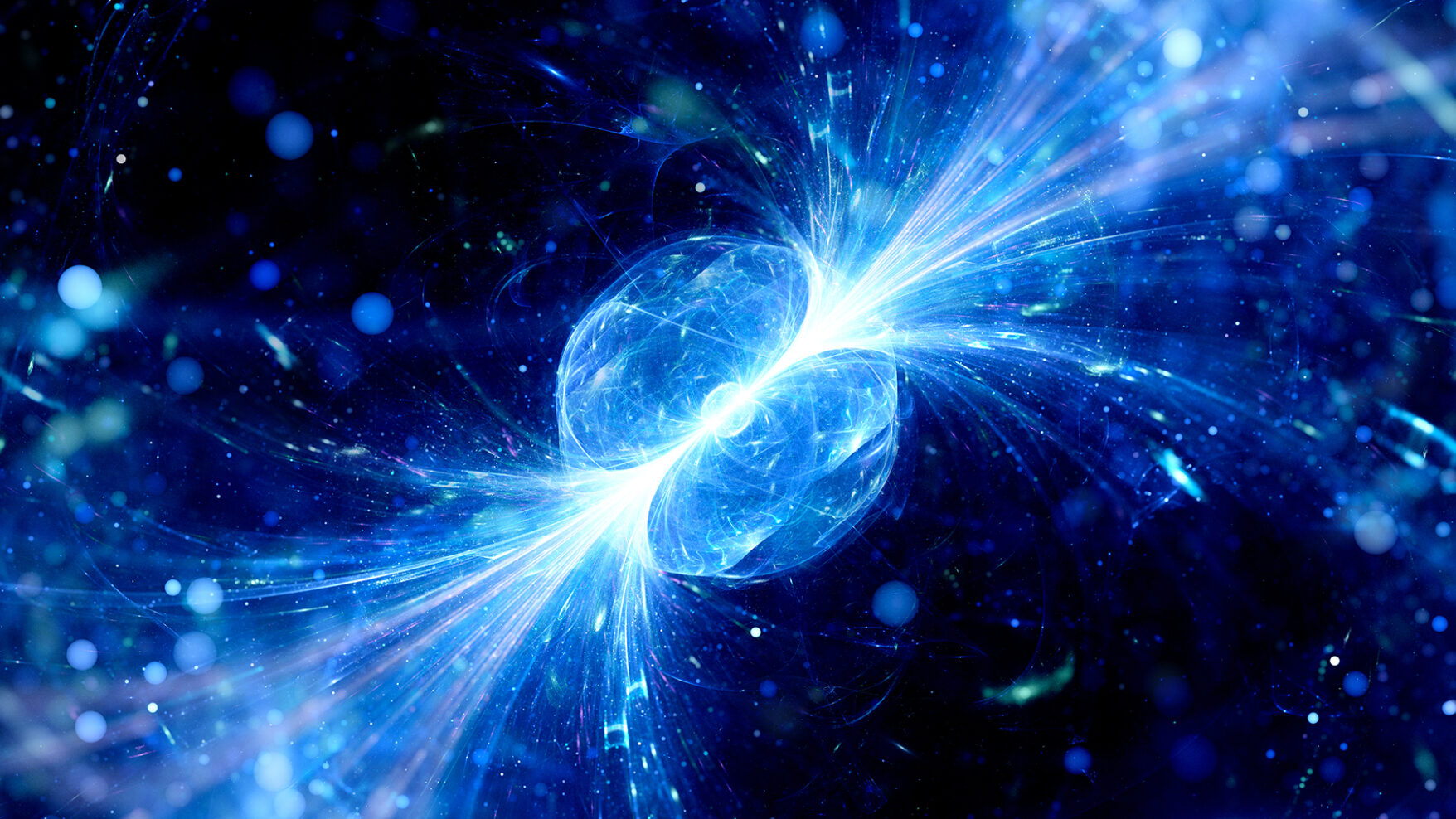 An artist's rendering of what a gamma ray burst may look like. There is a sphere of light with intense blue light focused on the diameter line of the sphere.