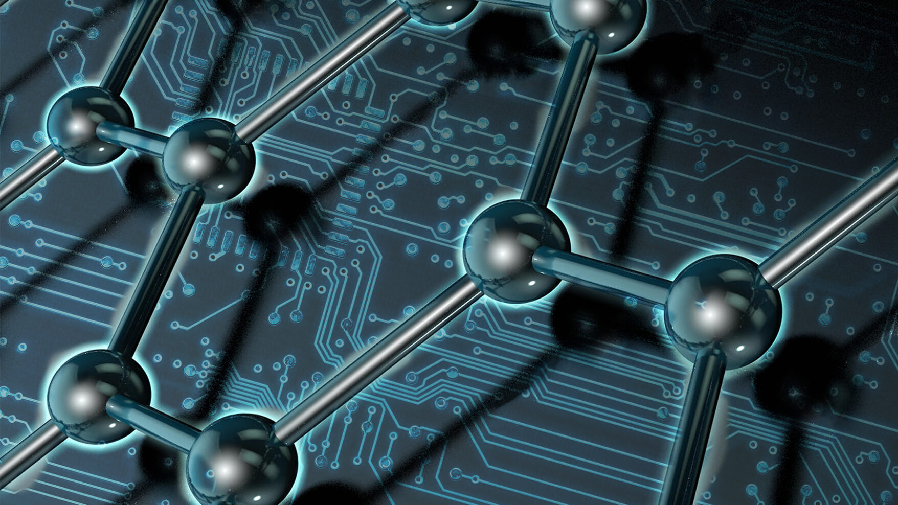 A digital rendering of carbon chains hovering over a circuit board background. The image is meant to convey the use of AI or supercomputing resources in the field of materials science.