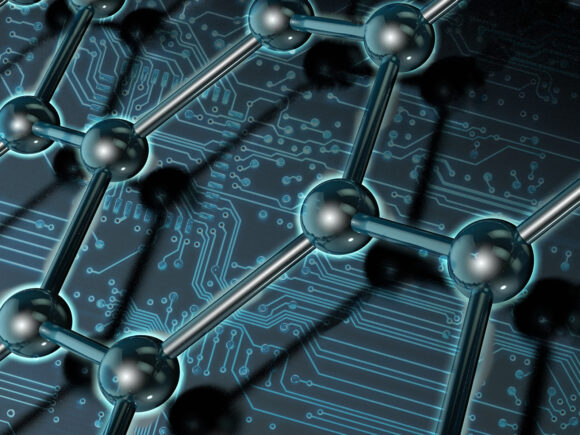 A digital rendering of carbon chains hovering over a circuit board background. The image is meant to convey the use of AI or supercomputing resources in the field of materials science.