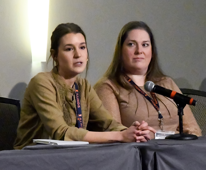 Angela Green-Miller, an associate professor in agricultural and biological engineering, and Savannah Dieckhaus, a program associate from GlobalSTL’s Early Adopter Grower Innovation Community, answer questions after a session titled AgTech to Catalyze a Circular Bioeconomy.