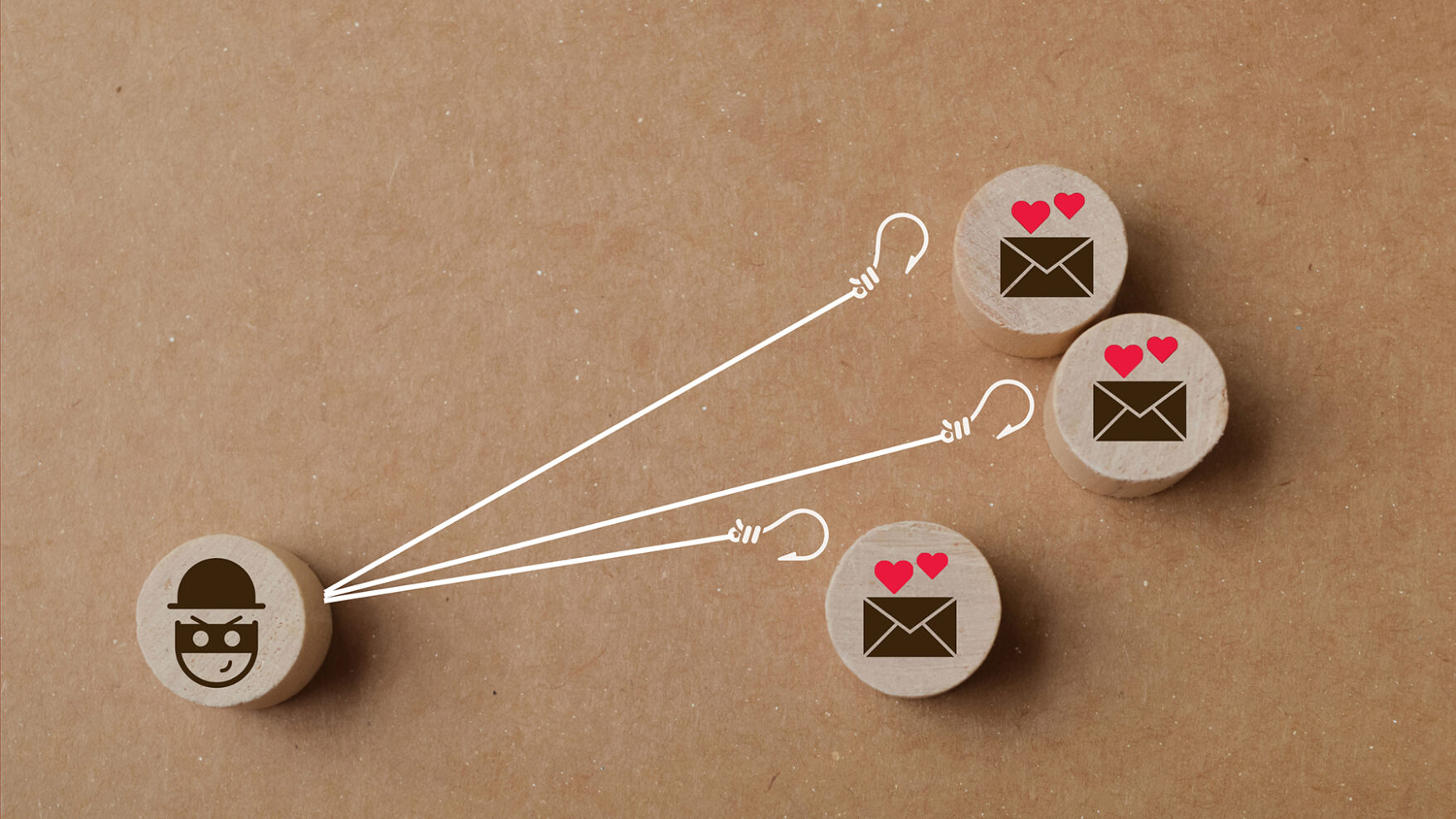 Three wooden pegs are clustered on the right, each with an envelope symbols and hearts over them. On the left is a wooden peg with a burglar symbol on it. Lines with hooks reach out to the envelopes. Meant to convey the danger of online romances when you don't have a clear idea of the identity of the person romancing you.