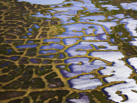 An aerial photo of the Arctic Tundra wetlands. In this photo, half of the wetlands are covered in snow.