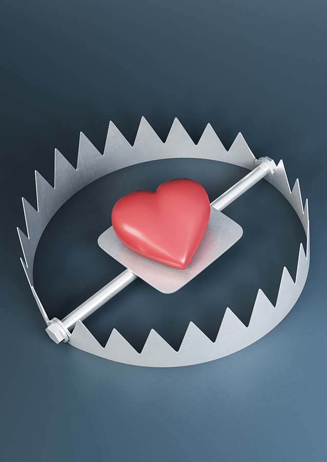A heart shape in a bear trap - meant to convey the dangers of scammers within the online dating community.