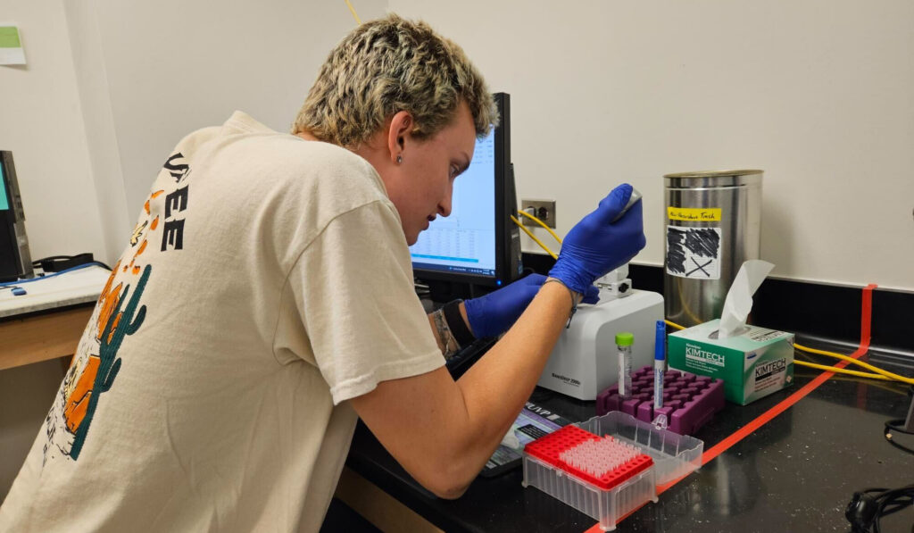 CDA REU student Cole Wycislak is performing an experiment at a desk.
