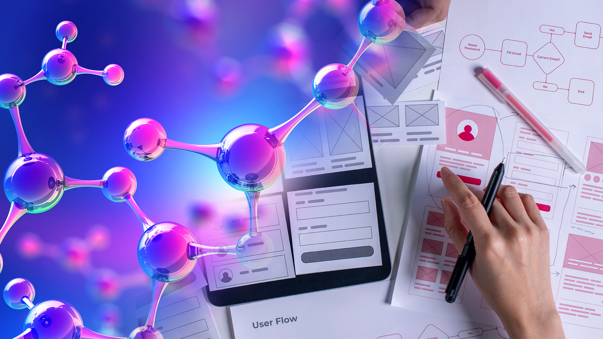 Molecules on the left and a person working on a UI UX workflow on the right - meant to convey the idea of using UI UX in custom scientific application development.