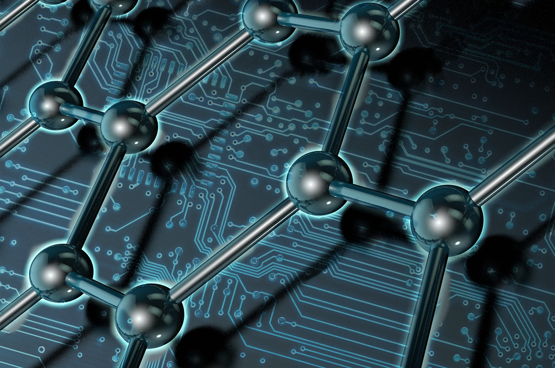 A digital rendering of carbon chains hovering over a circuit board background. The image is meant to convey the use of AI or supercomputing resources in the field of materials science.