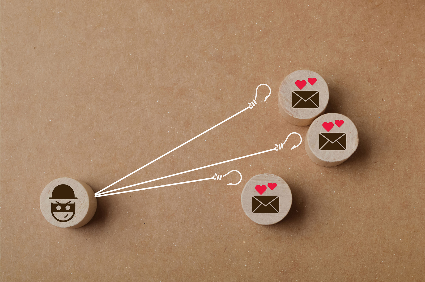 Three wooden pegs are clustered on the right, each with an envelope symbols and hearts over them. On the left is a wooden peg with a burglar symbol on it. Lines with hooks reach out to the envelopes. Meant to convey the danger of online romances when you don't have a clear idea of the identity of the person romancing you.