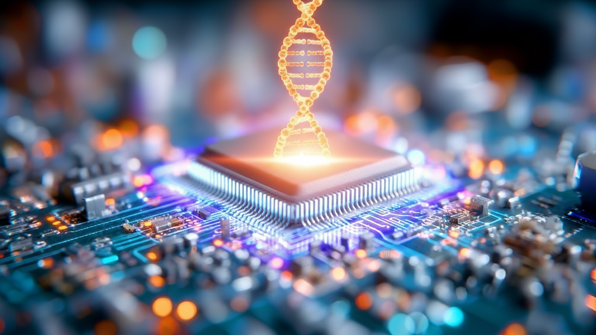 A glowing DNA double helix sits atop a computer chip. Meant to convey the use of HPC in genetics research.