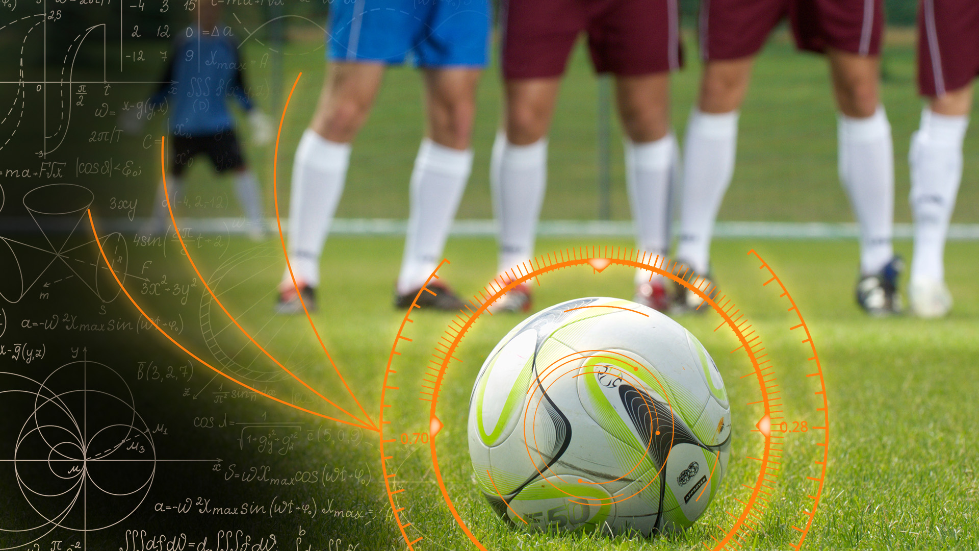 An image of a soccer ball, with projected kick arcs coming out in orange lines. Some mathematical symbols are overlaid, and a line of defenders stands in front of a soccer goal.