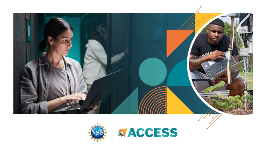 A woman in casual gray clothes views her laptop parted by an abstract design and a young man crouching by agricultural equipment with a laptop