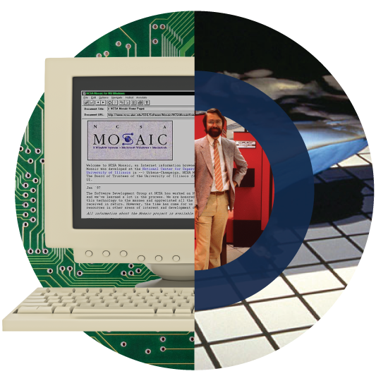 80s and 90s circle collage with the Mosaic browser, thunderstorm visualization, and  founder Larry Smarr