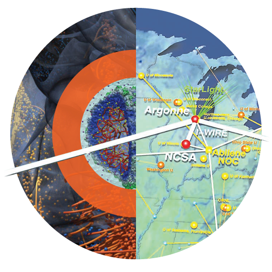 2000s circle collage with a network map, viral imaging, and tornado visualization