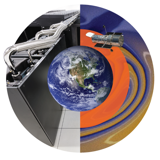 2010s circle collage with the Blue Waters supercomputer, gravitational waves, and Earth and hubble telescope