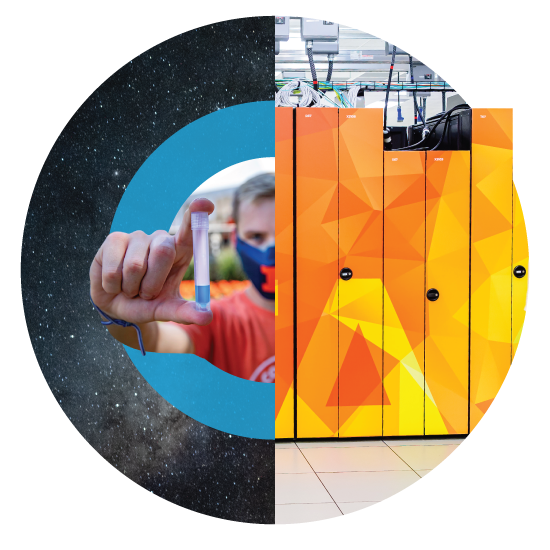 2020s circle collage with the Delta supercomputer, the dark sky survey and a person holding a test tube