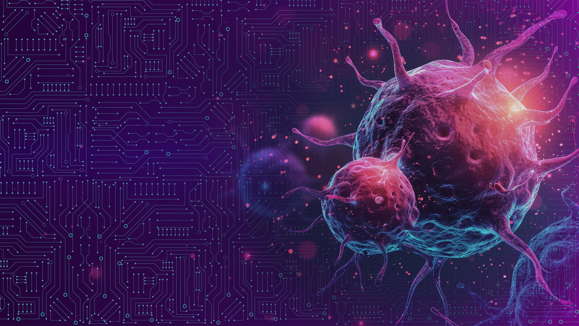 A digital tumor with a circuit board background.